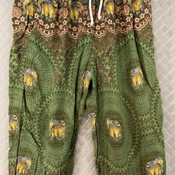 Kathmandu Imports Sz M Pants Green Colorful Elephant Baggy Boho Hippie Festival - Picture 3 of 16
